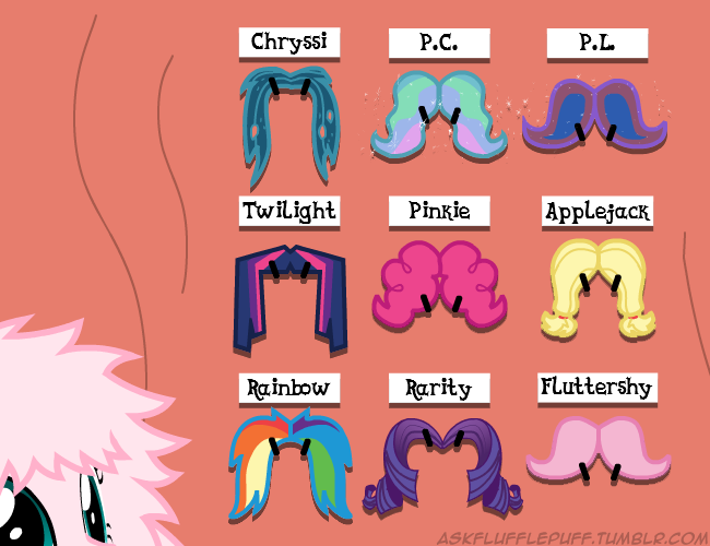 Size: 650x500 | Tagged: applejack, artist:mixermike622, derpibooru import, fluttershy, moustache, oc, oc:fluffle puff, pinkie pie, princess celestia, princess luna, queen chrysalis, rainbow dash, rarity, safe, tumblr:ask fluffle puff, twilight sparkle, warfstache