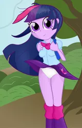 Size: 800x1252 | Tagged: suggestive, artist:ohohokapi, deleted from derpibooru, derpibooru import, twilight sparkle, equestria girls, breasts, clothes, female, panties, skirt, solo, solo female, uncanny valley, underwear, upskirt, white underwear, wind