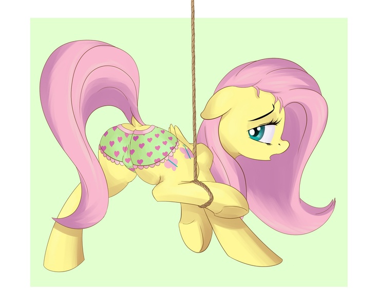 Size: 1500x1222 | Tagged: artist:psescape, bondage, clothes, derpibooru import, female, fluttershy, frilly, frilly underwear, green underwear, heart, heart print underwear, panties, plot, questionable, rope, solo, solo female, underwear