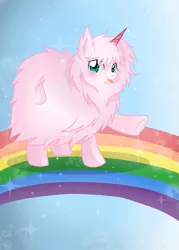 Size: 609x851 | Tagged: safe, artist:derpsonhooves, artist:stephu-art, derpibooru import, oc, oc:fluffle puff, unofficial characters only, pony, 2013, fake horn, female, image, pink fluffy unicorns dancing on rainbows, png, rainbow, solo, tongue out