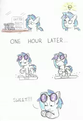 Size: 2200x3205 | Tagged: safe, artist:bobthedalek, derpibooru import, vinyl scratch, pony, unicorn, comic, cute, glitter, solo, traditional art