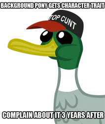 Size: 439x516 | Tagged: baseball cap, cap, caption, complaining about complaining, derpibooru import, duck, hat, image macro, male, mallard, op, safe, simple background, slowpoke complaints, solo, text, top cunt, transparent background, vulgar