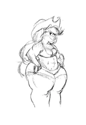 Size: 1326x1932 | Tagged: abs, anthro, applebucking thighs, applejack, artist:shemhamferosh, chubby, derpibooru import, freckles, monochrome, muscles, safe, solo