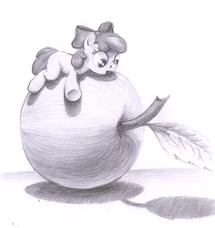 Size: 1086x1150 | Tagged: apple, apple bloom, artist:cannibalus, derpibooru import, giant apple, micro, monochrome, safe, solo, tiny ponies, traditional art