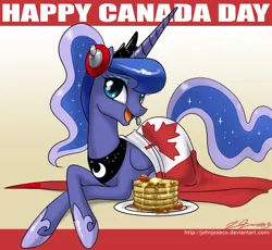 Size: 900x827 | Tagged: artist:johnjoseco, butter, canada, canada day, crossed legs, derpibooru import, food, headset, looking at you, open mouth, pancakes, princess luna, prone, safe, solo, syrup
