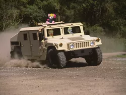 Size: 1600x1200 | Tagged: safe, artist:tubalcainger, derpibooru import, applejack, derpy hooves, fluttershy, pinkie pie, pegasus, pony, car, female, hmmwv, humvee, mare, ponies in real life, riding