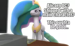 Size: 960x600 | Tagged: safe, artist:pinkie diane roosevelt phd, derpibooru import, princess celestia, 3d, computer, gmod, hilarity ensues, it begins, reaction image, solo