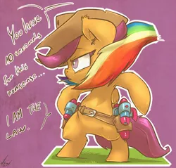Size: 1200x1147 | Tagged: safe, artist:atryl, derpibooru import, rainbow dash, scootaloo, pegasus, pony, beard, bipedal, clothes, colored eyelashes, costume, cowboy, i am the law, offscreen character, roleplaying, tail, water pistol, watergun, western