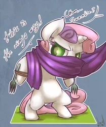 Size: 1002x1200 | Tagged: safe, artist:atryl, derpibooru import, rarity, sweetie belle, pony, bipedal, clothes, costume, fork, ninja, offscreen character, tail