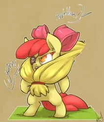 Size: 1019x1200 | Tagged: safe, artist:atryl, derpibooru import, apple bloom, applejack, pony, beard, bipedal, clothes, costume, eyepatch, offscreen character, pirate, tail