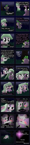 Size: 1024x4795 | Tagged: safe, artist:dr-siren, derpibooru import, spike, sweetie belle, blushing, comic, crying, cute, diasweetes, female, heartwarming, interspecies, kissing, male, rain, raincoat, shipping, spikabetes, spikebelle, spikelove, straight