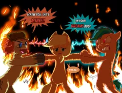 Size: 1024x787 | Tagged: dead source, safe, artist:graystripe64, artist:ladyanidraws, derpibooru import, applejack, oc, canon x oc, fight