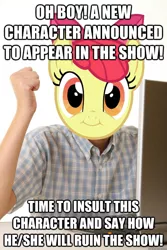 Size: 625x937 | Tagged: apple bloom, exploitable meme, first day brony, image macro, meta, safe