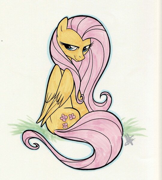 Size: 1024x1137 | Tagged: artist:caakes, bedroom eyes, dead source, derpibooru import, fim crew, fluttershy, looking at you, looking back, official art, safe, sitting, smiling, solo