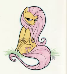 Size: 1024x1137 | Tagged: artist:caakes, bedroom eyes, dead source, derpibooru import, fim crew, fluttershy, looking at you, looking back, official art, safe, sitting, smiling, solo