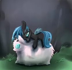 Size: 1600x1560 | Tagged: artist:bluestreakfus, changeling, changeling queen, cuddling, cute, cutealis, derpibooru import, female, filly, filly queen chrysalis, foal, grass, hug, miss fluffy fluffs, nymph, oc, oc:fluffle puff, pile, plushie, prone, queen chrysalis, safe, smiling, solo, toy, younger