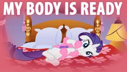 Size: 1510x849 | Tagged: bed, clothes, derpibooru import, edit, edited screencap, image macro, inverted mouth, my body is ready, rarity, reaction image, robe, safe, screencap, slippers, solo, suited for success
