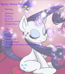 Size: 764x874 | Tagged: safe, artist:latecustomer, derpibooru import, edit, rarity, blushing, brush, brushing, brushing tail, checklist, hairspray, image, magic, mascara, pillow, png, powder (substance), scissors, sitting, solo