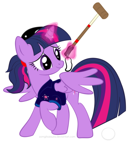 Size: 1639x1795 | Tagged: safe, artist:zomgitsalaura, derpibooru import, twilight sparkle, twilight sparkle (alicorn), alicorn, pony, alternate hairstyle, female, magic, mallet, mare, polo, polo shirt, ponytail, simple background, solo, transparent background, vector