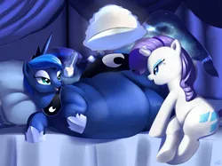 Size: 1280x959 | Tagged: safe, artist:trinity-fate62, derpibooru import, princess luna, rarity, alicorn, pony, bed, bedroom eyes, belly, cake, chubby, eye contact, fat, fat princess, feedee, feeder, feeding, impossibly large butt, magic, open mouth, pillow, princess moonpig, side, sitting, smiling, telekinesis, weight gain