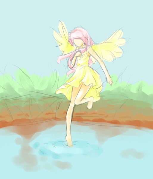 Size: 4320x5040 | Tagged: absurd resolution, artist:meikokoro, breasts, clothes, delicious flat chest, derpibooru import, dress, flattershy, fluttershy, flying, humanized, safe, skinny, solo, water, winged humanization