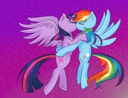 Size: 1300x1000 | Tagged: safe, artist:zaksaturday2468, derpibooru import, rainbow dash, twilight sparkle, twilight sparkle (alicorn), alicorn, pony, female, flying, kissing, lesbian, mare, shipping, twidash