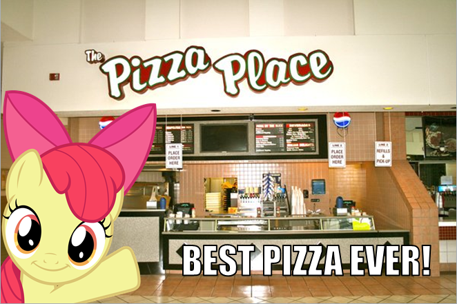 Size: 662x441 | Tagged: apple bloom, derpibooru import, image macro, obligatory pony, pizza, safe