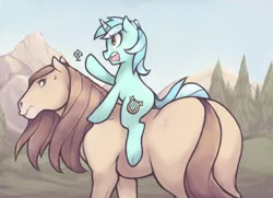 Size: 780x566 | Tagged: annoyed, artist:soulspade, dead source, derpibooru import, frown, glare, horse, horse-pony interaction, looking back, lyra heartstrings, open mouth, pointing, ponies riding horses, ponies riding ponies, riding, safe, sweat, sweatdrop, underhoof