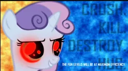 Size: 484x271 | Tagged: artist needed, safe, derpibooru import, sweetie belle, pony, robot, unicorn, bust, female, filly, foal, glowing eyes, horn, portrait, red eyes, smiling, solo, special eyes, sweetie bot, teeth, text