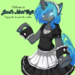 Size: 1200x1200 | Tagged: artist:rainbowscreen, bipedal, blue changeling, changeling, changeling oc, changeling queen, changeling queen oc, clothes, derpibooru import, female, maid, oc, oc:jewel, semi-anthro, solo, solo female, suggestive, unofficial characters only