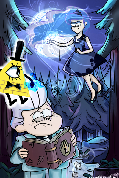 Size: 800x1199 | Tagged: artist:cherryviolets, bill cipher, crossover, derpibooru import, dreamscaperers, gideon gleeful, gideon rises, gravity falls, humanized, journal #2, princess luna, safe, style emulation