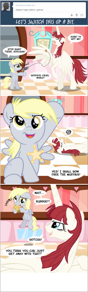 Size: 651x2161 | Tagged: safe, derpibooru import, derpy hooves, oc, oc:fausticorn, ponified, pony, ask, badge, bipedal, comic, cork gun, cute, daaaaaaaaaaaw, derpabetes, filly, food, kitchen, lauren faust, muffin, my little filly, playing dead, roleplaying, speech bubble, stars, tumblr, younger