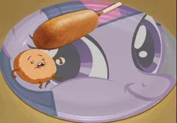 Size: 795x557 | Tagged: safe, derpibooru import, twilight sparkle, adventure time, cinnamon bun, corndog, faic, paper plate, twiface