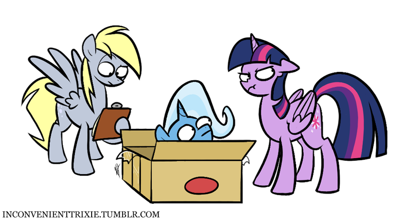 Size: 941x513 | Tagged: safe, artist:egophiliac, derpibooru import, derpy hooves, trixie, twilight sparkle, twilight sparkle (alicorn), alicorn, pegasus, pony, unicorn, tumblr:inconvenient trixie, background pony, box, clipboard, delivery pony, female, inconvenient trixie, mare, scrunchy face, shipping of a different kind, simple background, tumblr, twilight is not amused, unamused, white background, woonoggles