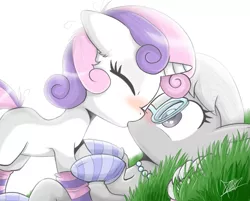 Size: 1007x811 | Tagged: safe, artist:the-butch-x, derpibooru import, silver spoon, sweetie belle, earth pony, pony, unicorn, blushing, clothes, eyes closed, female, filly, glasses, grass, jewelry, kissing, lesbian, necklace, on back, pearl necklace, shipping, silverbelle, socks, striped socks, surprise kiss, surprised