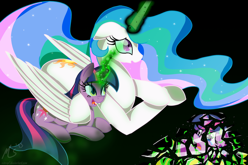 Size: 1000x667 | Tagged: artist:ciscoql, changeling, derpibooru import, disguise, disguised changeling, fake twilight, magic, mind control, princess celestia, queen chrysalis, safe, twilight sparkle