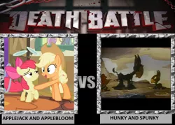 Size: 1008x720 | Tagged: apple bloom, applejack, death battle, derpibooru import, hunky, hunky and spunky, safe, spunky