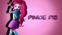 Size: 3840x2160 | Tagged: safe, artist:herostrain, derpibooru import, pinkie pie, equestria girls, boots, bracelet, clothes, high heel boots, jewelry, looking at you, pink background, raised leg, simple background, skirt, solo