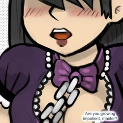 Size: 650x650 | Tagged: artist:livesmutanon, bdsm, blushing, bowtie, breasts, chains, cleavage, clothes, colored, derpibooru import, female, femsub, human, human coloration, humanized, leash, maid, master, octavia melody, solo, solo female, submissive, suggestive