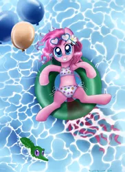 Size: 3894x5359 | Tagged: artist:pridark, balloon, bikini, bra, clothes, cute, derpibooru import, gummy, inner tube, pinkie pie, pridark is trying to murder us, safe, sunglasses, swimsuit, water, wet mane