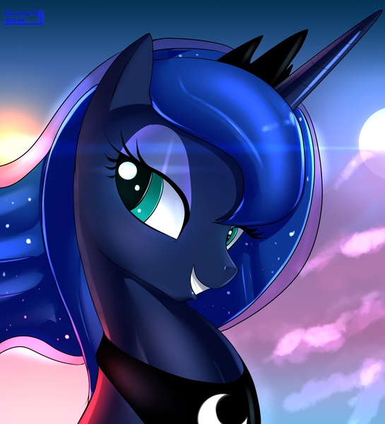 Size: 2073x2282 | Tagged: safe, artist:skyline19, derpibooru import, princess luna, pony, bedroom eyes, bust, female, grin, mare, moon, portrait, sky, smiling, solo, sunset