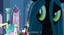 Size: 640x355 | Tagged: a canterlot wedding, changeling, changeling queen, derpibooru import, female, mlp-captions, princess celestia, queen chrysalis, safe, screencap, shining armor, youtube caption