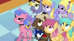 Size: 640x355 | Tagged: safe, derpibooru import, screencap, cloud kicker, dizzy twister, herald, lyrica lilac, orange swirl, ponet, royal ribbon, sealed scroll, sunshower raindrops, earth pony, pegasus, pony, unicorn, a canterlot wedding, background pony audience, clothes, crowd, female, hat, male, mare, ribbon, rose, saddle, stallion, suit, tack, top hat, youtube caption