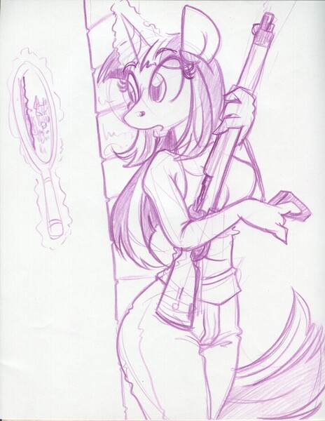 Size: 850x1100 | Tagged: anthro, artist:trollie trollenberg, derpibooru import, gun, lee enfield, mirror, monochrome, rifle, safe, solo, traditional art, twilight sparkle, zombie