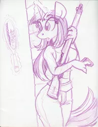 Size: 850x1100 | Tagged: anthro, artist:trollie trollenberg, derpibooru import, gun, lee enfield, mirror, monochrome, rifle, safe, solo, traditional art, twilight sparkle, zombie