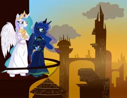 Size: 2200x1700 | Tagged: safe, artist:grandpalove, derpibooru import, princess celestia, princess luna, anthro, balcony, city, future, sunset