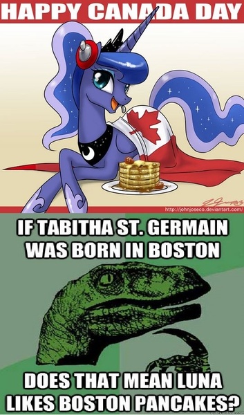 Size: 542x921 | Tagged: safe, artist:johnjoseco, derpibooru import, princess luna, gamer luna, boston, boston pancake, canada, canada day, flag, image, image macro, jpeg, meme, meta, pancakes, philosoraptor, tabitha st. germain, voice actor joke