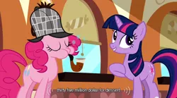 Size: 640x355 | Tagged: safe, derpibooru import, screencap, pinkie pie, twilight sparkle, earth pony, pony, unicorn, mmmystery on the friendship express, bubble pipe, deerstalker, duo, female, hat, mare, mlp-captions, youtube caption
