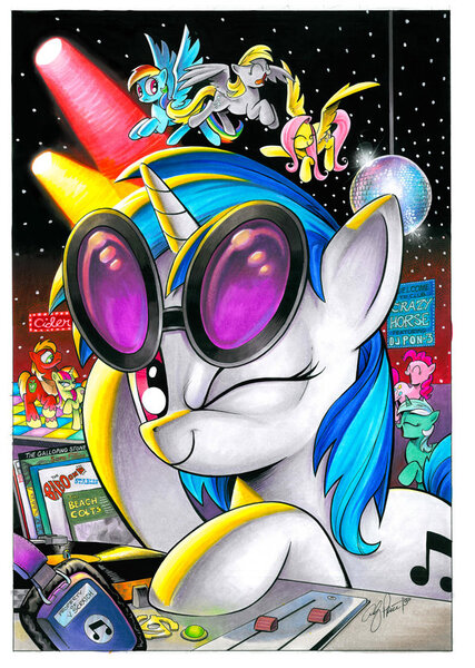 Size: 600x843 | Tagged: safe, artist:andypriceart, derpibooru import, idw, big macintosh, derpy hooves, fluttershy, lyra heartstrings, pinkie pie, rainbow dash, sweetcream scoops, vinyl scratch, ponified, earth pony, pegasus, pony, unicorn, big scoops, comic cover, cover, crazy horse, disco ball, female, headphones, male, mare, one eye closed, stallion, the baboons, the beach boys, the beach colts, the galloping stones, the monkees, the rolling stones, turntable, wink
