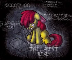 Size: 2154x1810 | Tagged: apple bloom, artist:darkone10, chicken, crying, cutie mark crusaders, derpibooru import, dictionary, disembodied thoughts, floppy ears, grimdark, gritted teeth, insanity, i regret everything, sad, scootaloo, sitting, sweetie belle